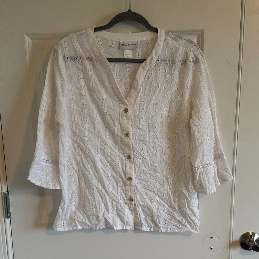 Alfred Dunner White Eyelet White Button Up Blouse 3/4 Sleeve Large